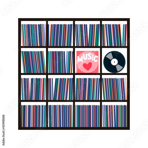 Vinyl collection on shelves. Stacks of music records in sleeves for turntable. Vector