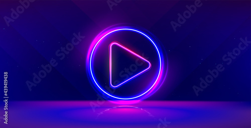 Wide gaming background with glowing play button. Press to play. Start button.