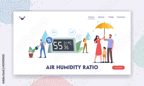 Air Humidity Ratio Landing Page Template. Tiny Characters at Huge Hygrometer. Mother, Father and Child under Umbrella