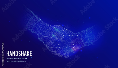 Technology Handshake - Two people shaking hands in wireframe hologram style. Digital deal and agreement concept. Vector illustration.