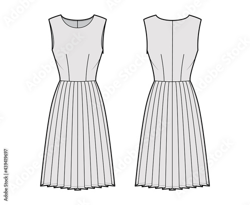 Dress pleated technical fashion illustration with sleeveless, fitted body, knee length skirt. Flat apparel front, back, grey color style. Women, men unisex CAD mockup