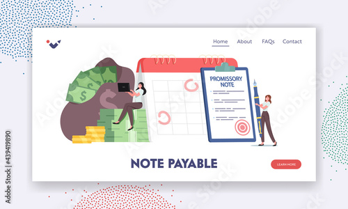 Note Payable Landing Page Template. Tiny Characters at Huge Promissory Financial Document. Loan Bill Debt Return Promise