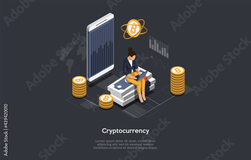 Vector Illustration With People And Objects. Isometric Composition, Cartoon 3D Style, Text. Cryptocurrency Successful Business, International Online Money. Smartphone, Finance Items, Woman Sitting