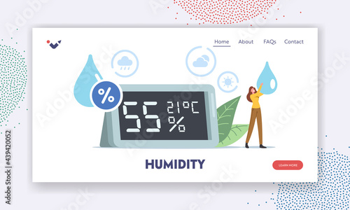 Air Humidity Landing Page Template. Tiny Character with Water Drop in Hands Stand at Huge Hygrometer Show Microclimat