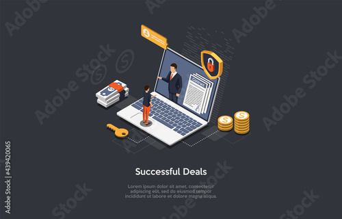 Vector Illustration With People And Objects. Isometric Composition, Cartoon 3D Style, Text. Successful Business Deals, Safe Profitable Contract, Winning Policy. People, Big Laptop, Shield With Lock