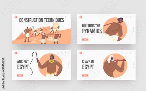 Pyramids Construction Landing Page Template Set. Slave Characters Building Egyptian Monuments in Giza. Master with Whip
