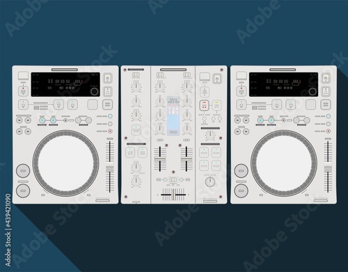 DJ equipment set in white. A set of professional turntables and DJ mixer. DJ table for girls. Aesthetic equipment with a light, innovative design. Nightlife theme. Technique for electronic music.