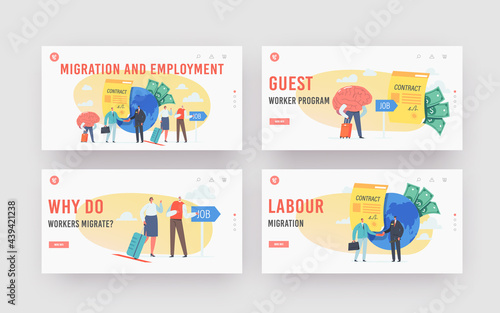 Work Migration and Employment, Drain Brain Landing Page Template Set. Tiny Businesspeople Characters Leaving Motherland