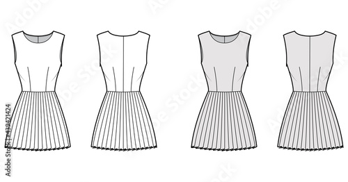 Dress pleated technical fashion illustration with sleeveless, fitted body, mini length skirt. Flat apparel front, back, white, grey color style. Women, men unisex CAD mockup