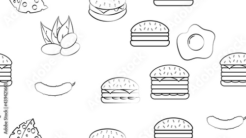 Black and white endless seamless pattern of a set of food items and snacks icons for a restaurant bar cafe: burger, pistachios, egg, cheese, cucumber. The background