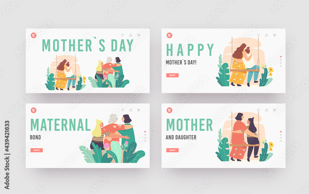 Mothers Day Landing Page Template Set. Mother, Grandmother, Daughter and Granddaughter Family Characters Hugging Mothers Day Landing Page Template Set. Mother, Grandmother, Daughter and Granddaughter Family Characters Hugging