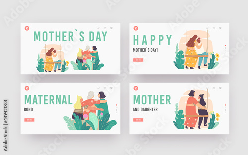Mothers Day Landing Page Template Set. Mother, Grandmother, Daughter and Granddaughter Family Characters Hugging