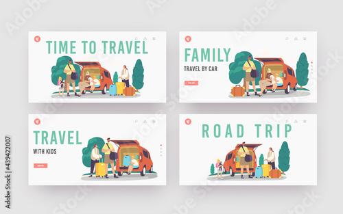 Time to Travel Landing Page Template Set. Happy Family Characters Sit at Car Trunk with Dog. Mother, Father and Children