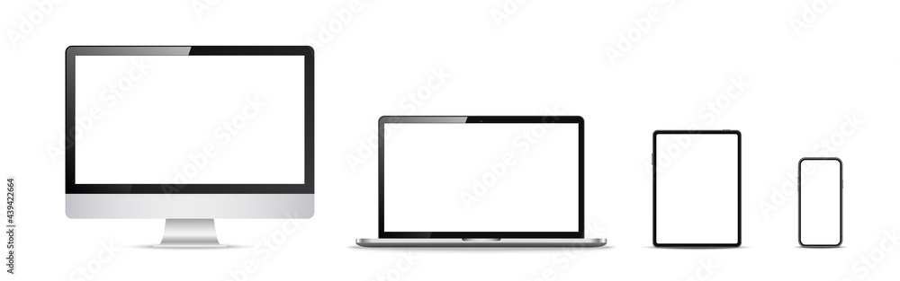 Computer, laptop, tablet, phone. Mockup collection on white backdrop. Realistic electronic devices. Isolated digital mobile gadgets. Vector illustration Computer, laptop, tablet, phone. Mockup collection on white backdrop. Realistic electronic devices. Isolated digital mobile gadgets. Vector illustration