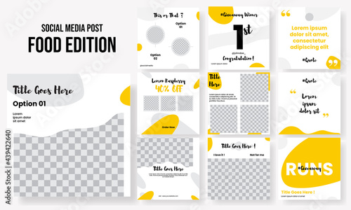 Set of editable square instagram post food products, promo, quote, engagement with yellow abstract design vector template