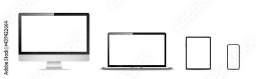 Computer, laptop, tablet, phone. Mockup collection on white backdrop. Realistic electronic devices. Isolated digital mobile gadgets. Vector illustration