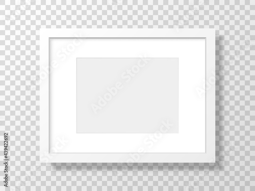 White frame on transparent backdrop. Realistic picture mockup. Clean template with soft shadow. 3d blank with border. Interior object isolated. Vector illustration
