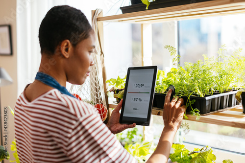 Black gardener controlling temperature and humidity on plants photo