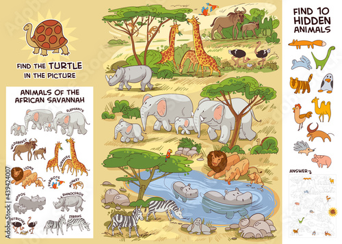 Animals of the African savannah. Puzzle Hidden Items. Puzzle Hidden Items