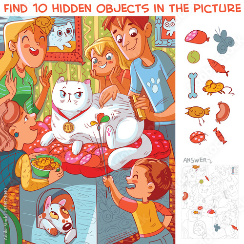 Family takes care of cat. Find 10 hidden objects. Puzzle Hidden Items