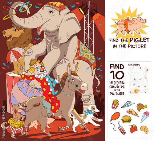 Circus show with elephant, clown, dog, lion and donkey. Find 10 hidden objects. Puzzle Hidden Items