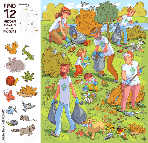 Family collects garbage on nature. Find 12 hidden objects in the picture. Puzzle Hidden Items