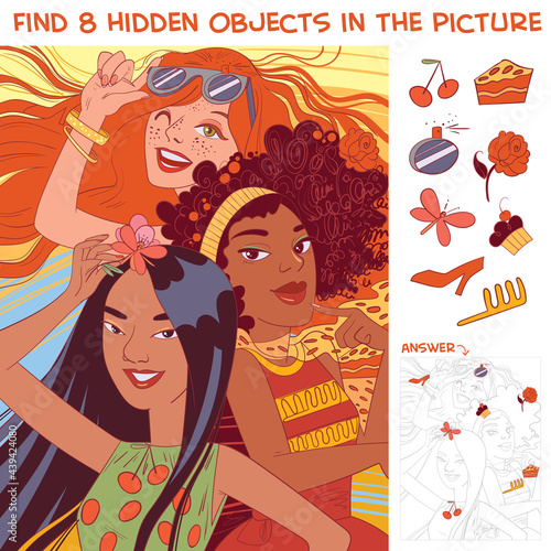 Ethnic diversity group of women. Find 8 hidden objects. Puzzle Hidden Items