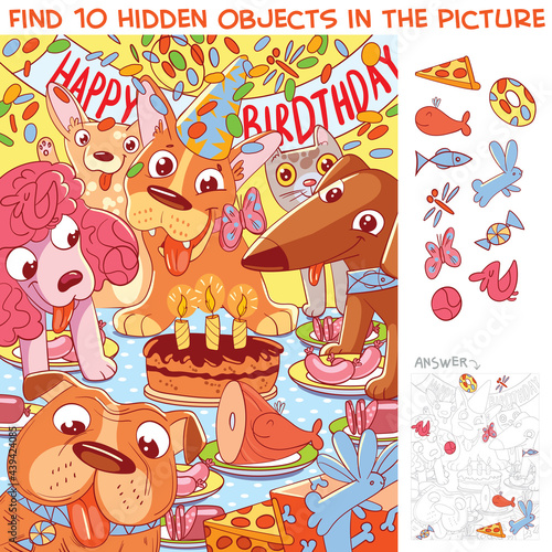 Dog birthday. Find 10 hidden objects. Puzzle Hidden Items