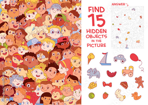 Ethnic diversity of children's faces. Find 15 hidden objects. Puzzle Hidden Items photo