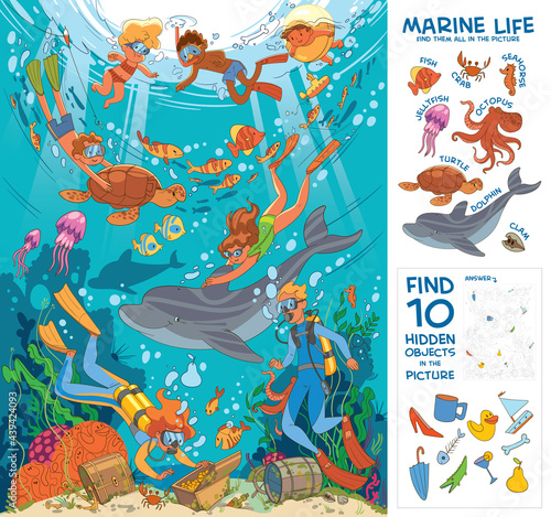 Diving and snorkeling. Underwater life. Puzzle Hidden Items. Puzzle Hidden Items