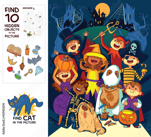 Children in halloween costumes. Find 10 hidden objects in the picture