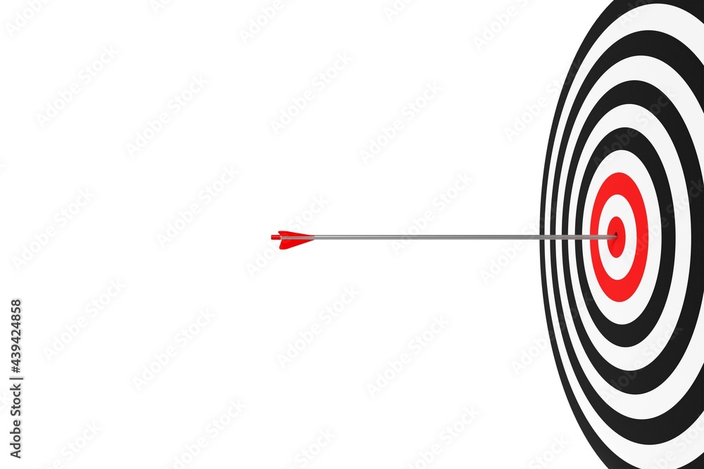 Single arrow hitting center of goal target over white background, success, goal achievement or performance concept Single arrow hitting center of goal target over white background, success, goal achievement or performance concept