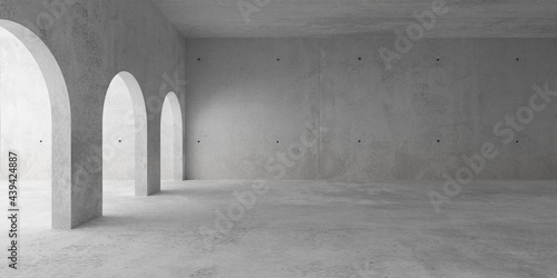 Fotografia Abstract empty, modern concrete room with archways on the left and rough floor -