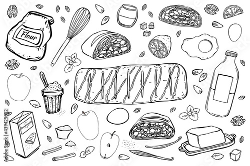Illustration set of items for making Viennese traditional strudel.