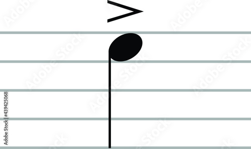 Black music symbol of Accent note on ledger lines