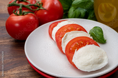 Tasty italian vegetarian food, fresh soft white mozzarella cheese served with red tomatoes and green basil
