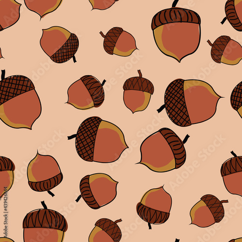 Acorns illustration scattered over tan background vector repeat pattern surface pattern design
