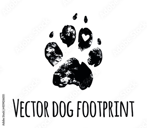  Vector dog grunge footprint.Black pet doggy textured paw mark silhouette drawing sign illustration isolated on white background.T shirt print design.Sticker.Puppy footstep trail,heart icon texture .