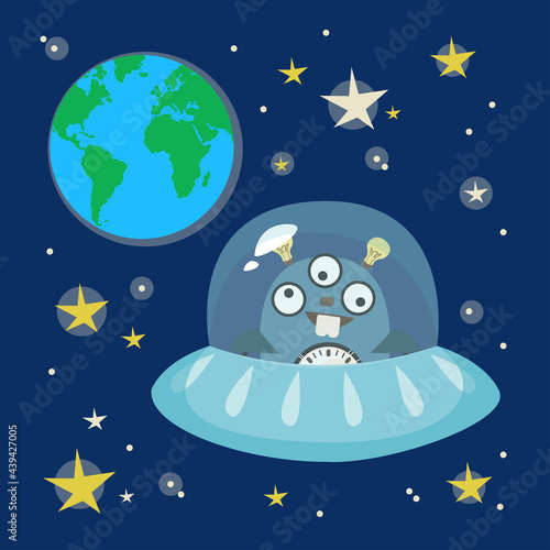 Fototapeta Naklejka Na Ścianę i Meble -  Ufo. Alien. Ufo flying saucer in the background of space. Planet Earth and stars. Vector in cartoon style