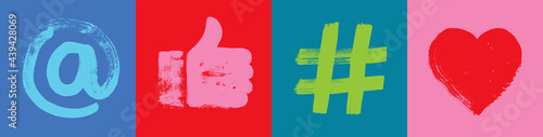 Social media banner, At Symbol, Like hand, hashtag, heart photo