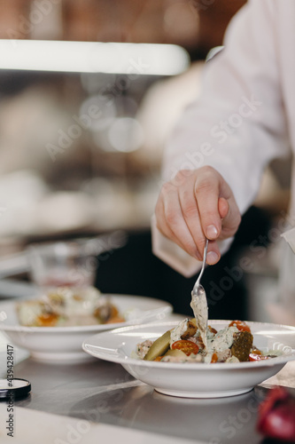 Chef garnishing delicious dish with sauce