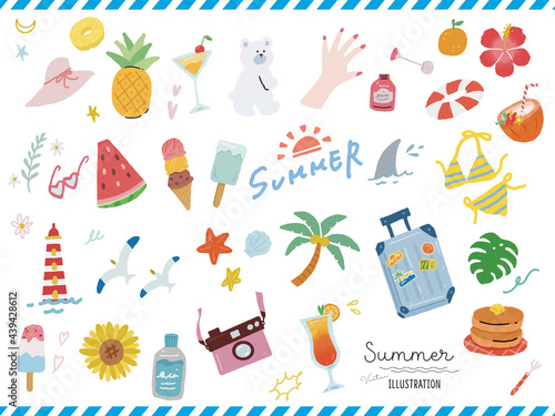 オシャレで可愛い夏モチーフのイラスト(手書き、トロピカル、南国、ハワイ、ファッション、旅行、ひまわり、海) Fashionable and cute summer motif illustrations (handwritten, tropical, southern, Hawaii, fashion, travel, sunflower, sea, Marine , vector )