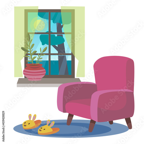 The chair is next to the window. Hugge style. Cartoon illustration