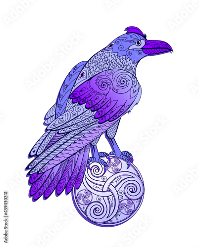 Fantasy illustration of magic blue crow. Celtic fairyland bird. Print for logo, label, icon, t-shirt. Abstract decoration. Vector cartoon drawing.