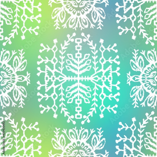 Seamless gradient mesh blurry background tribal ethnic rug motif pattern. High quality illustration. White hand drawn boho gipsy design on blue and green faded backdrop. Holographic iridescent look.