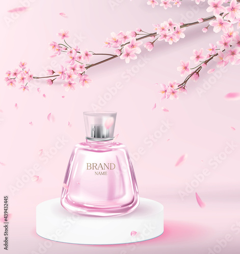 Realistic pink perfume bottle on the catwalk to advertise a perfume brand. Cosmetic product with cherry blossom background with flying petals.