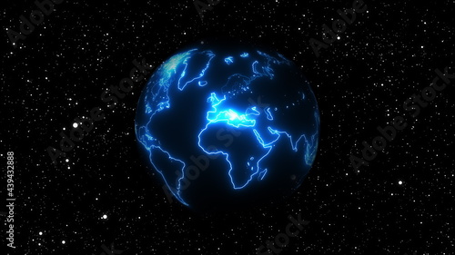 Fototapeta Naklejka Na Ścianę i Meble -  Glowing 3d render ball cosmic space with futuristic contours geographic surfaces. World map with meandering electric lines and digital outlines. Techno universe is shimmering energy.