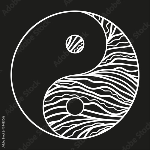Yin and Yang. Hand drawn zen symbol on isolated background. Freehand art. Black and white illustration