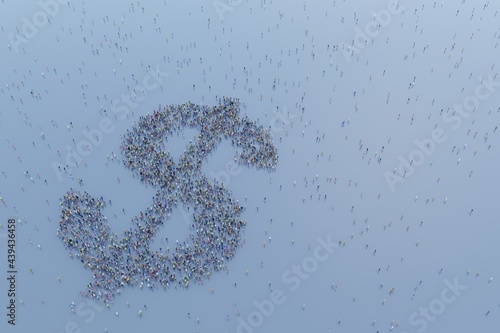 Crowd gathered in a dollar sign shape on blue background. Digital 3D rendering. photo