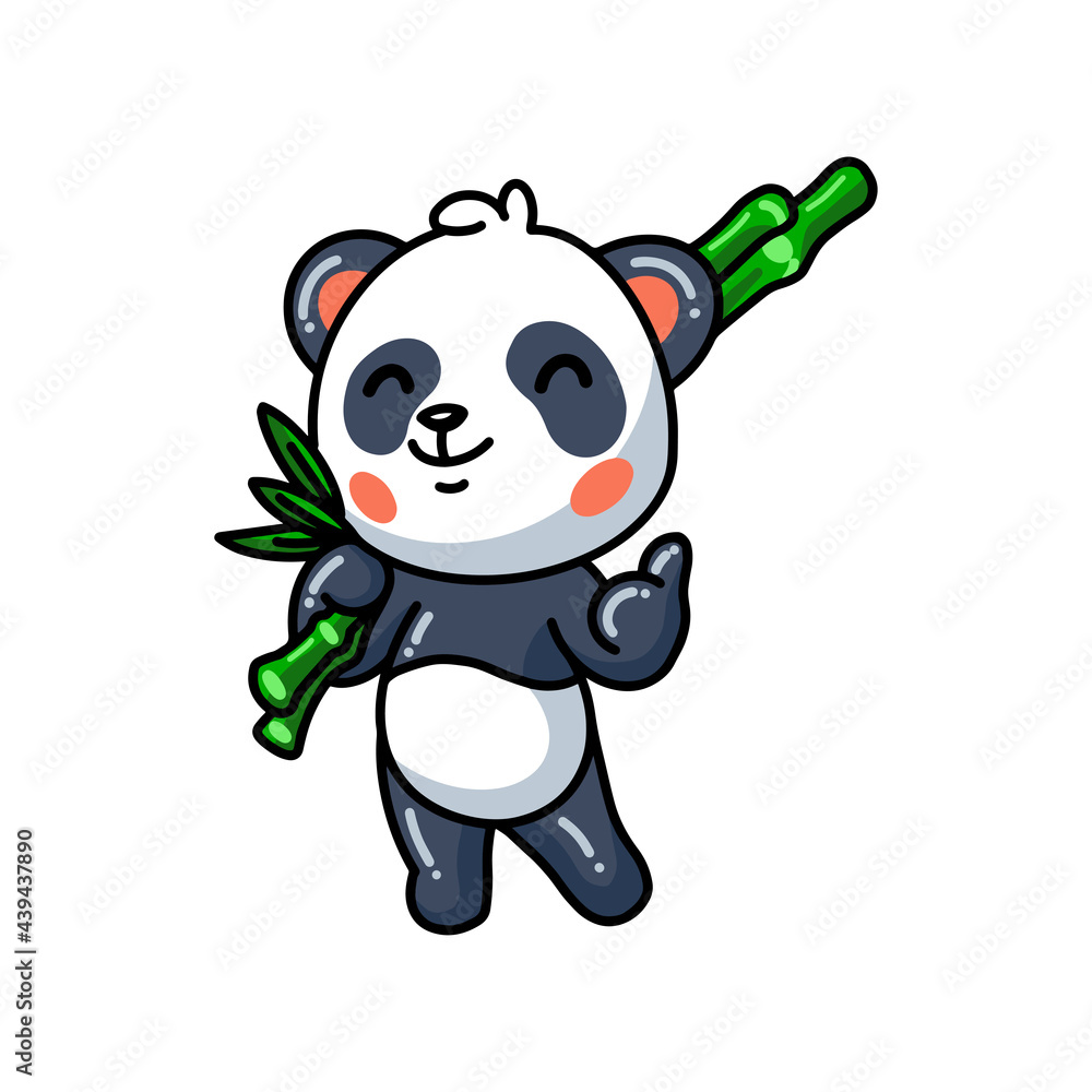 Naklejka premium Cute little panda cartoon holding bamboo